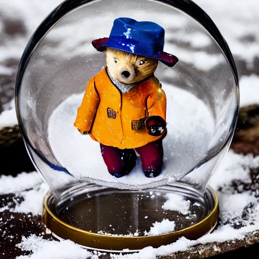 Image similar to Paddington Bear trapped in a snow globe