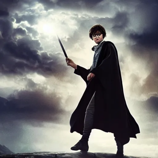 Image similar to Harry potter standing and holding a short wand, magic aura, side view, thunderclouds, cinematic shot, wide shot, epic scale, waving robe movement, photorealistic detail and quality, intricate cobblestone, floating rocks, particle effects, movie still, nighttime, crescent moon, sharp and clear, action shot, intense scene, visually coherent, symmetry, rule of thirds, movement, photorealistic colors, cool colors transitioning to warm colors, modest tone, award winning, directed by Steven Spielberg, Christopher Nolan, Tooth Wu, Asher Duran, artstation