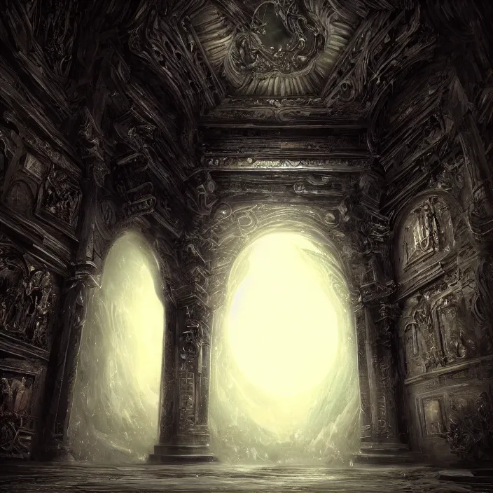 Image similar to ominous mysterious dark etherial gate in the void, midnight, quiet and serene, deviantart, hall of mirrors, official art, concept art, intricate high detail masterpiece