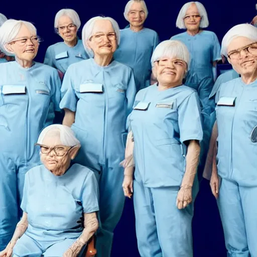 Image similar to troop of 1 2 0 - year - old grannies with white bob hairdos, tight light blue neopren pilot suits, futuristic cloning facility, sci - fi, highly detailed, cinematic