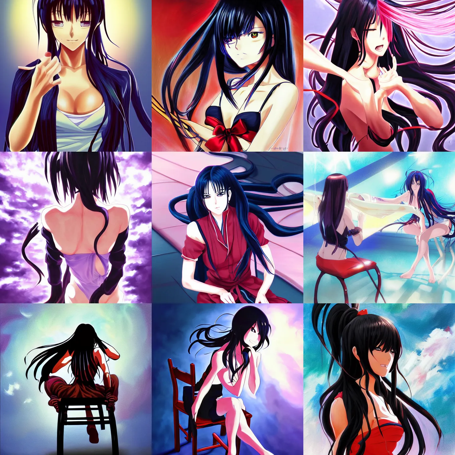 Prompt: anime style, vivid, expressive, full body, 4 k, painting, a strong woman a long wavy black hair with hands tied to chair, stunning, realistic light and shadow effects, centered, simple background, ikki tousen, studio ghibly makoto shinkai yuji yamaguchi