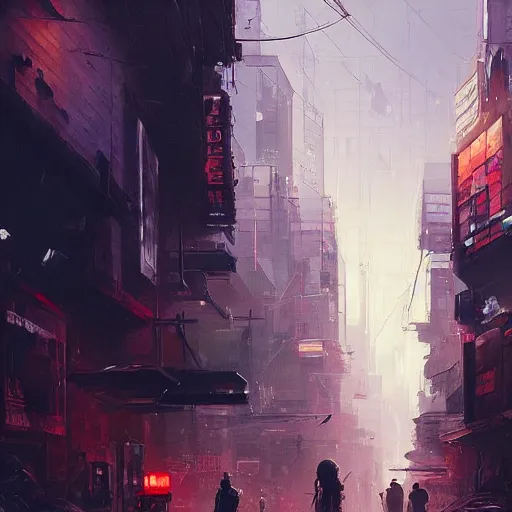 Image similar to very detailed masterpiece painting of a busy cyberpunk city street, portrait, artstation, concept art by greg rutkowski