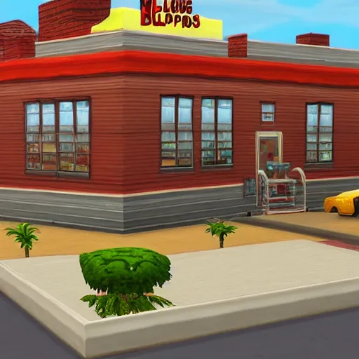 Image similar to Los Pollos Hermanos restaurant from Breaking Bad faithfully recreated in The Sims 4