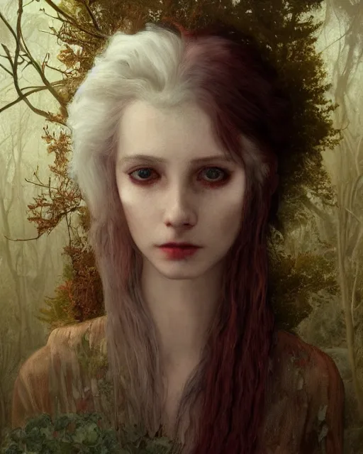 Prompt: a beautiful but creepy young woman in layers of fear, with haunted eyes, violence in her eyes, crazy white hair, wearing vivienne westwood, 1 9 7 0 s, seventies, delicate embellishments, a little blood, woodland, moonlight shining on wildflowers, painterly, offset printing technique, by alexandre cabanel