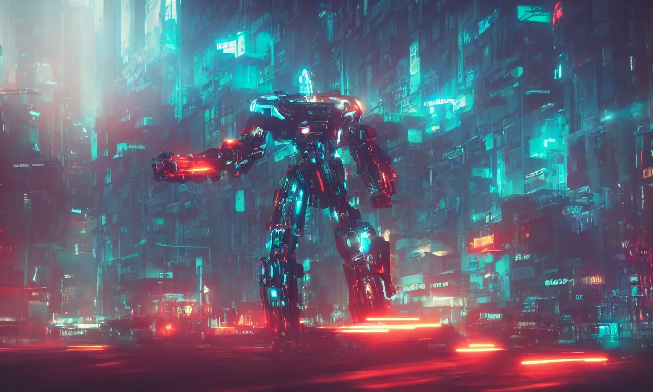 Prompt: insanely moody cinematic render of a transformer autobot on cyberpunk city, teal and orange colors, vaporwave, photorealism, cinema still, photography, octane 3 d, vray render, insane details, 8 k high definition, artstation