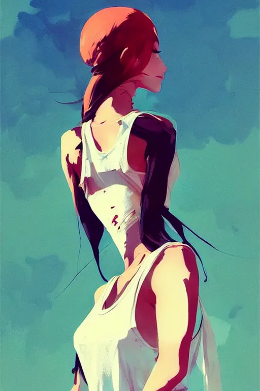 Image similar to a ultradetailed beautiful painting of a stylish woman with a white tank top, by conrad roset, greg rutkowski and makoto shinkai trending on artstation