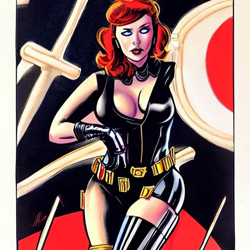 Prompt: black widow pinup, art by michael miller