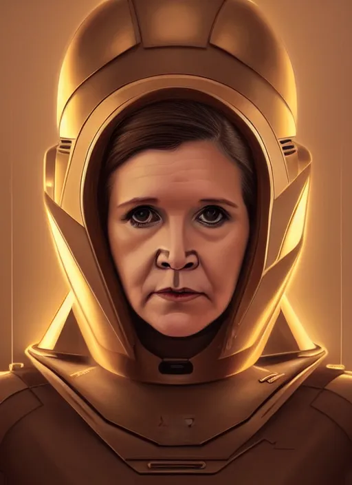 Image similar to symmetry!! portrait of young carrie fisher, gold sci - fi armour, tech wear, glowing lights!! sci - fi, intricate, elegant, highly detailed, digital painting, artstation, concept art, smooth, sharp focus, illustration, art by artgerm and greg rutkowski and alphonse mucha