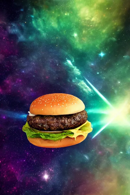 Prompt: a cheeseburger flying apart in space. nebula background. highly detailed. airbrush, beautiful lighting, chiaroscuro