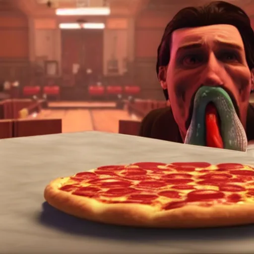 Image similar to gopro footage of a hotdog man eating a slice of pizza in a court room, iso 2 0 0, depth of field, cinematic, volumetric lighting, by red dead redemption 2