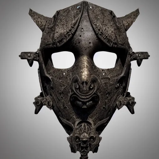 Prompt: an ominous dark ancient mask. cracks. hyper - detailed. gothic medieval steampunk baroque. symmetric. epic. hyper - realistic. unreal render.