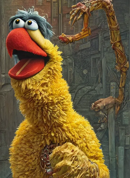 Image similar to portrait of Sesame Street Big Bird from Evil Dead (2013), intricate, highly detailed, centered, digital painting, artstation, concept art, smooth, sharp focus, illustration, artgerm, donato giancola, Joseph Christian Leyendecker, WLOP, Artgerm