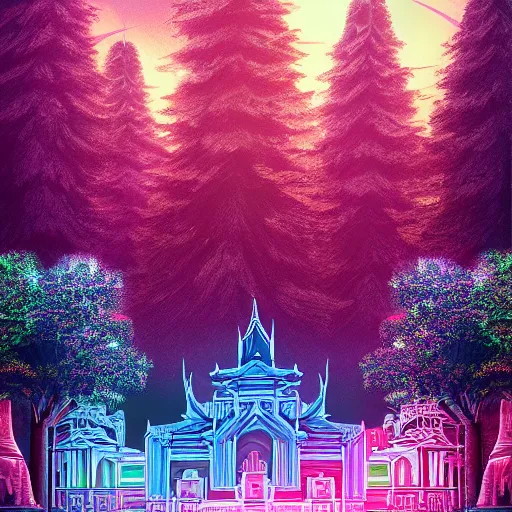 Image similar to mystical realistic poster with shaded lighting by arjun brooklyn radiant light, detailed and complex environment, solace, beautiful, utopic city in the sky with many buildings and temples reflecting an older ancient city on the ground with old growth pine trees, overlaid sacred geometry, with implied lines, gradient of hot pink and neon baby blue