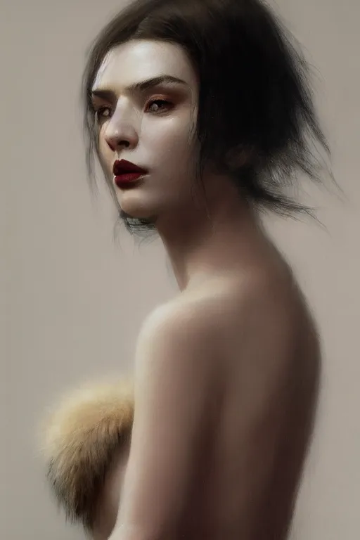 Image similar to A fancy portrait of an attractive women with fur Under garments by Greg Rutkowski, beeple, Sung Choi, Mitchell Mohrhauser, Maciej Kuciara, Johnson Ting, Maxim Verehin, Peter Konig, final fantasy, macro lens , 8k photorealistic, cinematic lighting, HD, high details, dramatic, dark atmosphere, trending on artstation