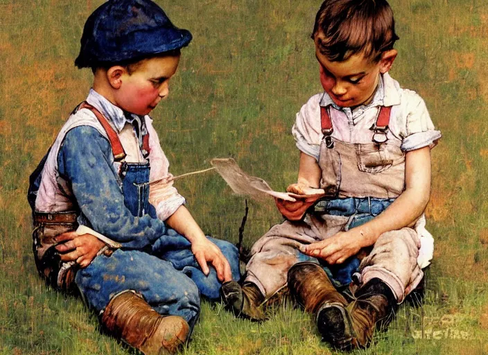 Image similar to high quality high detail painting by norman rockwell, hd, two young boys wearing overalls, farm, muted pastel colors, photorealistic lighting