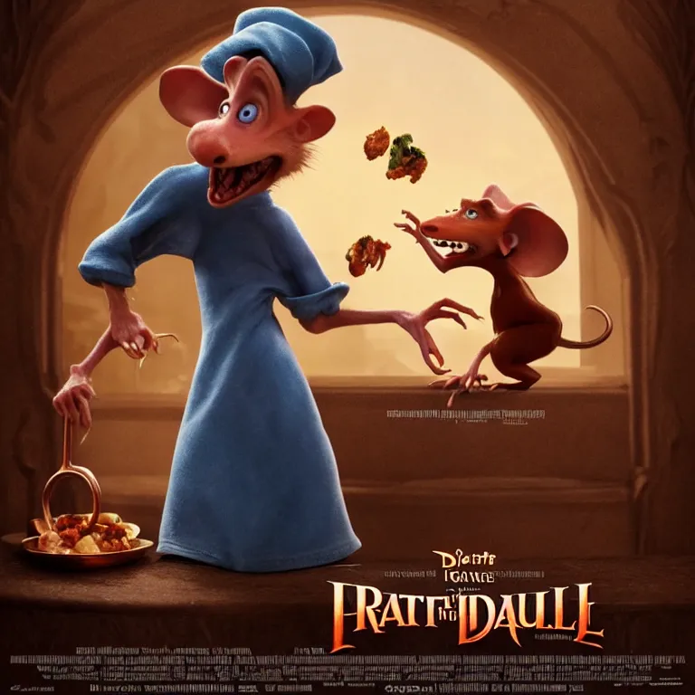 Image similar to beautiful cinematic fantasy poster the rat from ratatouille dramatically tossing food into a copper pot of soup, wideshot ultrawide angle epic scale, hybrid from The Elden Ring and art direction by Darius Zawadzki ;by artgerm; wayne reynolds art station; cinematic quality character render; low angle; ultra high quality model; production quality cinema model;