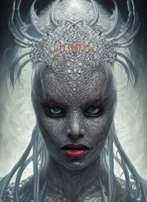 Image similar to a hyper detailed face portrait of the queen of blades, diablo 4 lilith, by yusuke murata, by hiroya oku, by dorian cleavenger, by tom bagshaw, by zdzisław beksinski, trending on artstation