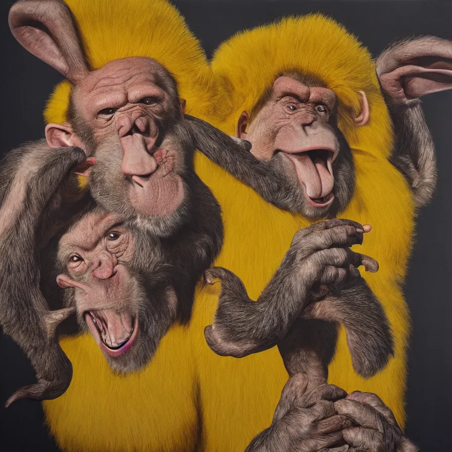 Image similar to hyper realistic portrait painting by chuck close, studio lighting, brightly lit yellow room, an ape with antlers laughing with a giant rabbit clown