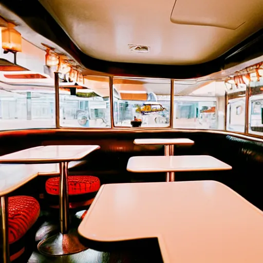 Prompt: 2 0 0 1 y 2 k diner, tables repeat endlessly 8 5 mm f / 1 1 interior photography two point perspective