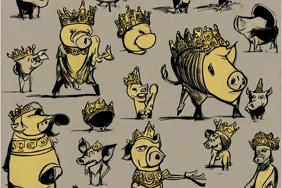 Image similar to concept sketches of a pig wearing a gold crown by jamie hewlett, in the style of 1930s cartoons