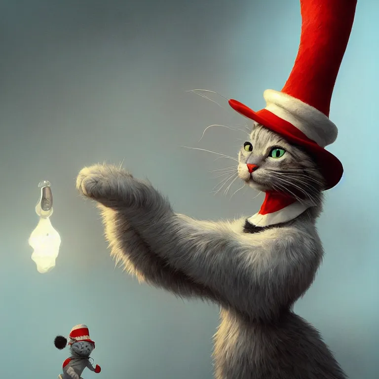 Image similar to complex 3 d render, hyper detailed, ultra sharp, of the cat in the hat, scary, cinematic, natural soft light, rim light, art by greg rutkowski and artgerm and moebius, dr seuss