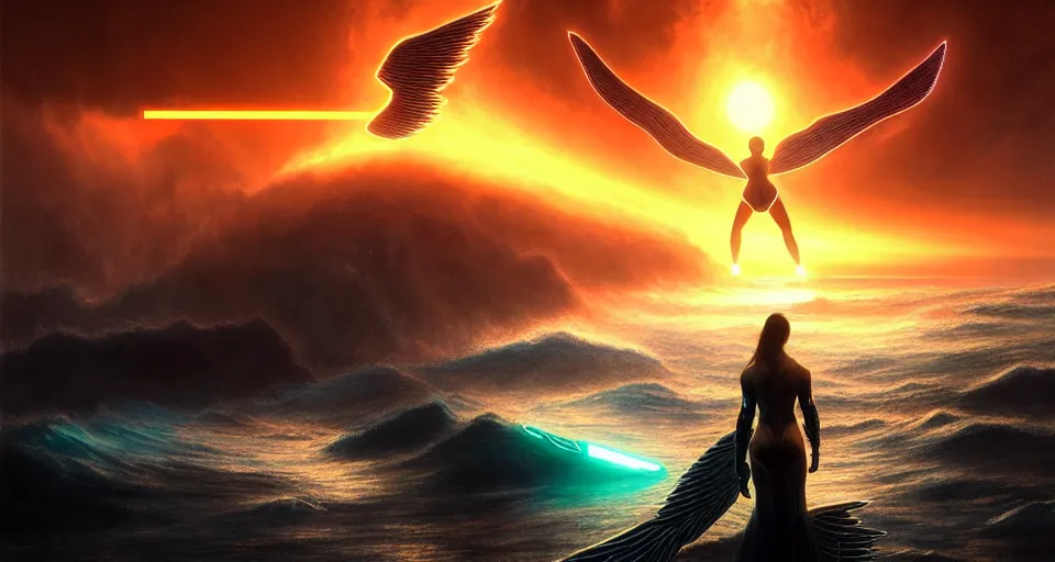 Image similar to tron legacy wings in front mind bending sunset, cliffside ocean scene, backlit, aesthetic, elegant, diffuse lighting, hyper realistic, elegant, intricate, hyper detailed, smooth, sharp focus, concept art, illustration, trending on artstation, art by artem demura, greg rutkowski, james gurney, and alphonse mucha