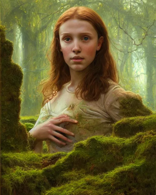 Image similar to a well - lit, realistic oil painting portrait of a girl resembling a young, shy, redheaded irish alicia vikander or millie bobby brown in moss - covered ancient stone ruins at sunset, highly detailed, intricate, concept art, artstation, by donato giancola, ron cobb, and artgerm