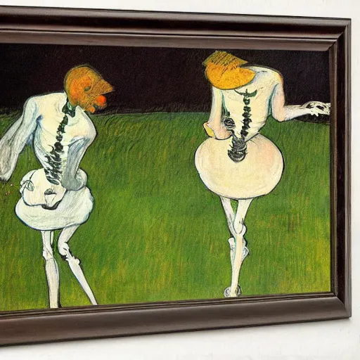 Prompt: two skeletons dancing on stage while it rains flowers in the background, Henri de Toulouse-Lautrec