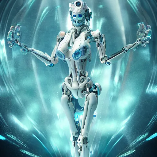 Image similar to biomechanical mecha white mermaid underwater, rays of light. Style of westworld, cables, lights, searchlight, weta digital, octane render, insane details, ultra realistic, beatifully lit, reflections