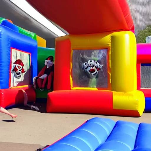 Prompt: photo of a scary clown in an endless liminal space made of bouncy castle