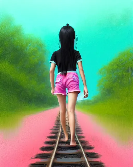 Prompt: photo of a girl with black hair in a ponytail and dressed in a green shirt and pink shorts walking along train tracks stretching out toward the horizon that are submerged under a few inches of water, intricate, elegant, highly detailed, digital painting, artstation, concept art, smooth, sharp focus, illustration, art by artgerm and greg rutkowski and fra angelico