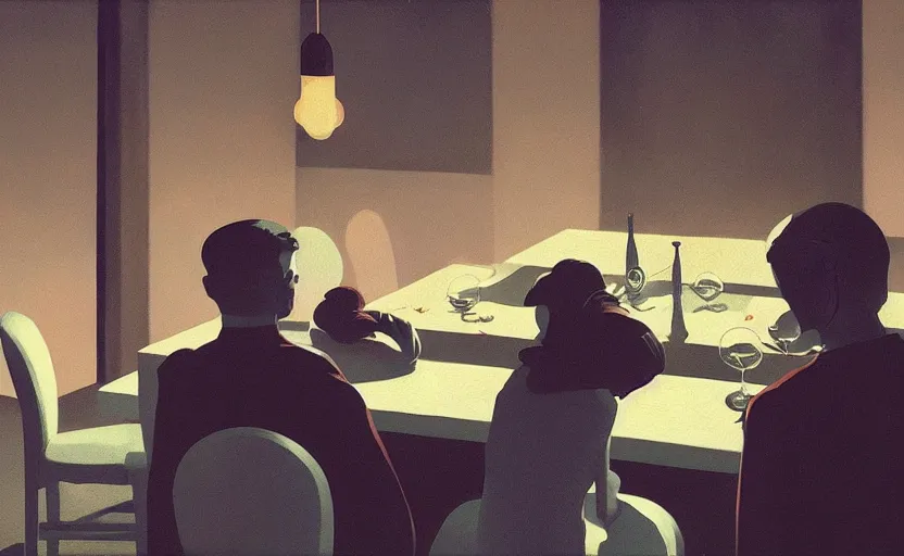 Image similar to a mysterious surreal dinner scene illustration by atey ghailan and escher and edward hopper, surreal