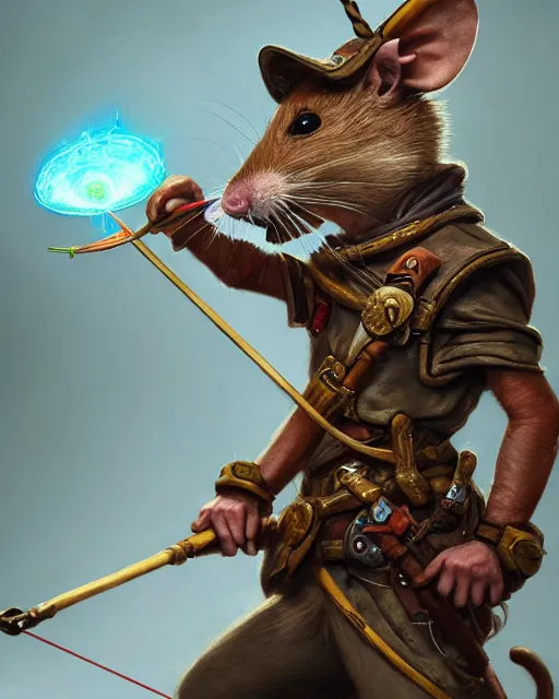 Prompt: closeup 2 8 mm anthropomorphic scout rat using a bow in a castle, d & d, fantasy, intricate, action pose, particle effects, highly detailed, digital painting, artstation, concept art, matte, sharp focus, volumetric lighting, illustration, hearthstone, art by artgerm, wlop, craig mullins, alphonse mucha