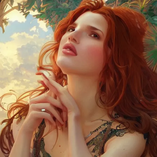 Image similar to ultra realistic illustration, bella thorne, flirtatious, tease, intricate, elegant, highly detailed, digital painting, artstation, concept art, smooth, sharp focus, illustration, art by artgerm and greg rutkowski and alphonse mucha