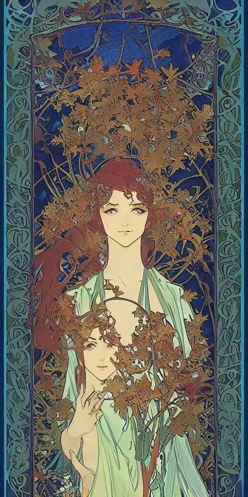 Image similar to Ethereal elven goddess of autumn leaves and first snow. Manga artbook illustration by CLAMP and Alphonse Mucha.