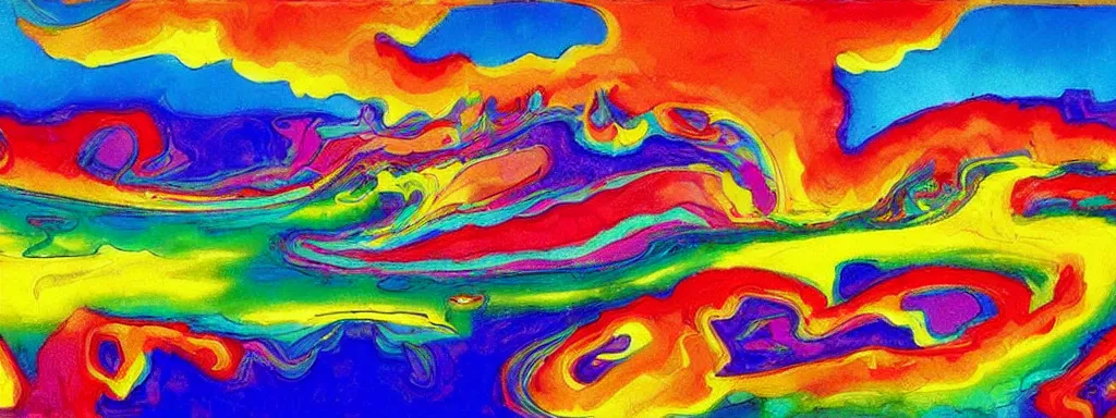 Image similar to Psychedelic sci-fi dreamworld. Landscape painting. Organic. Winding rushing water. Waves. Clouds. Peter Max.