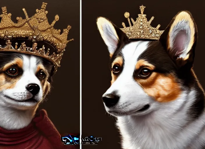 Prompt: highly detailed illustration of a portrait of a regal corgi wearing a crown, artstation, cinematic lighting, hyperdetailed, cgsociety, 8k, high resolution, Charlie Bowater, Tom Bagshaw, Norman Rockwell, insanely detailed and intricate