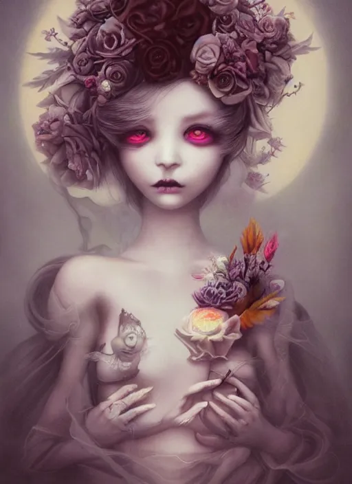 Image similar to pop surrealism, lowbrow art, realistic cute bride ghost girl painting, japanese street fashion, hyper realism, muted colours, rococo, natalie shau, loreta lux, tom bagshaw, mark ryden, trevor brown style,