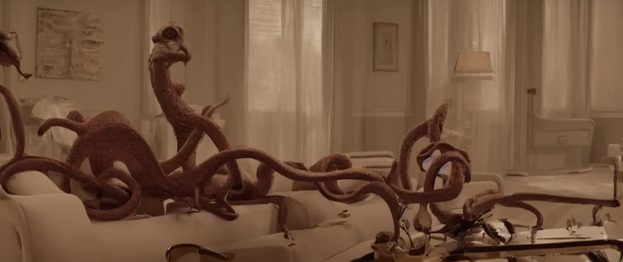 Image similar to an ocotopus waiting on the couch for the phychiatrist to come in, still from the movie her