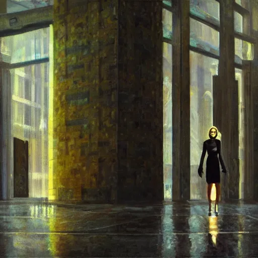 Image similar to scene, moment, beautiful woman, courtyard, capital, cybermosque interior, control panel, watcher, omniscient, tech noir, wet reflections, impressionism, matte painting, speed painting, chiaroscuro, oil on canvas