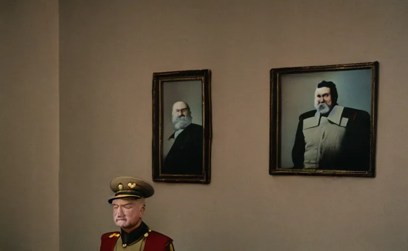 Image similar to 50s movie still close-up portrait of an elder soviet generals in a empty stalinist hall with a bust of Marx, by David Bailey, Cinestill 800t 50mm eastmancolor, heavy grainy picture, very detailed, high quality, 4k, HD criterion, precise texture and facial expression