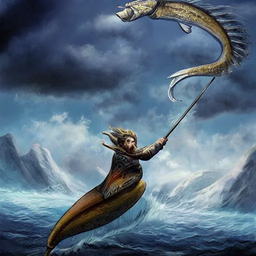 Prompt: epic fantasy illustration of a man riding a fish through the sky