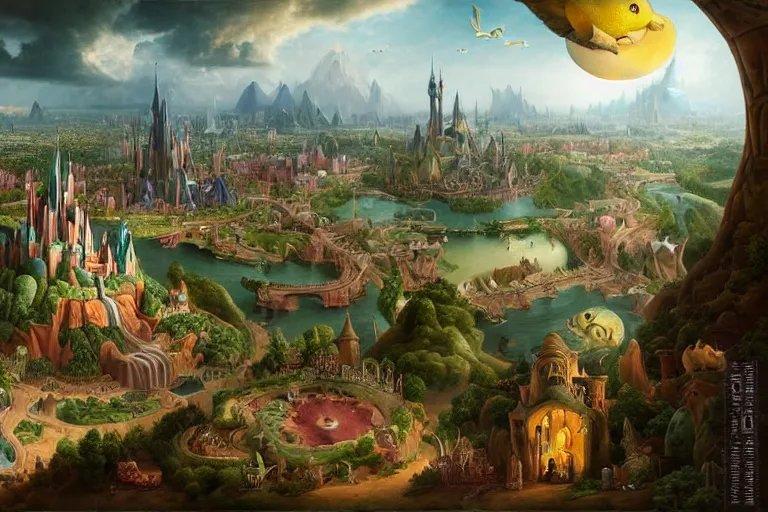 Image similar to a fantastic complex detailed matte painting of a magical city with many fanciful creatures by Heironymous Bosch