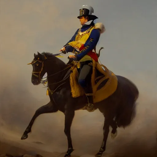 Image similar to Napoleon Bonaparte riding his electric scooter to battle by Jeremy Lipkin and Giuseppe Dangelico Pino, oil on canvas, epic pose, 8k