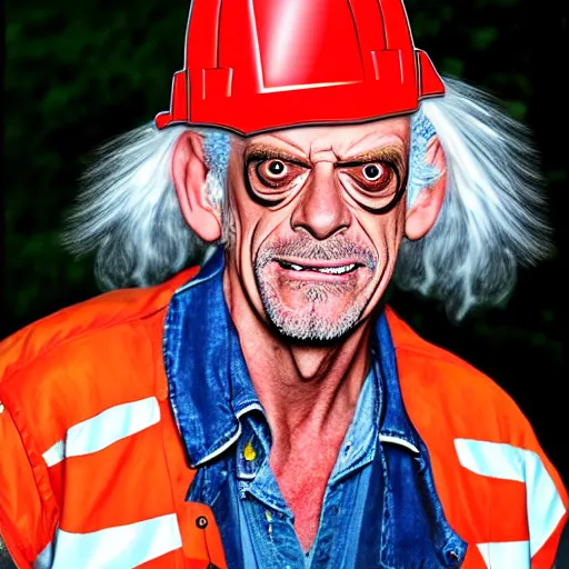 Image similar to a man who looks like christopher lloyd as doc brown back to the future, wearing a construction hat - h 7 6 8