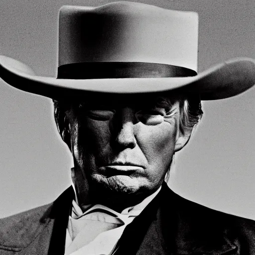 Image similar to an 1 8 0 0 s photo of donald trump playing the role of clint eastwood, squinting at high noon, in the style of a clint eastwood movie, the good, the bad and the ugly, clint eastwood, vibe, donald trump, glory days, mount rushmore, stern, resolve, formal, justice, american flag, independence, patriotism