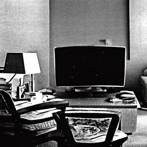 Prompt: a television from the 1970s in a living room next to a chair and a christmas tree, an alien is sitting on the chair, 1981 Life Magazine photo, depth of field