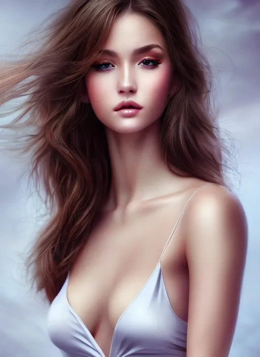 Image similar to a gorgeous female photo, professionally retouched, soft lighting, realistic, smooth face, full body shot, torso, dress, perfect eyes, wide angle, sharp focus on eyes, 8 k high definition, insanely detailed, intricate, elegant, art by artgerm, snowy winter