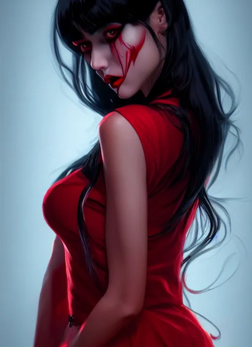 Image similar to portrait of vampire veronica lodge with bangs, vampire fangs, vampire, long hair, red clothes, bangs, vampironica, intricate, elegant, glowing lights, highly detailed, digital painting, artstation, concept art, smooth, sharp focus, illustration, art by wlop, mars ravelo and greg rutkowski