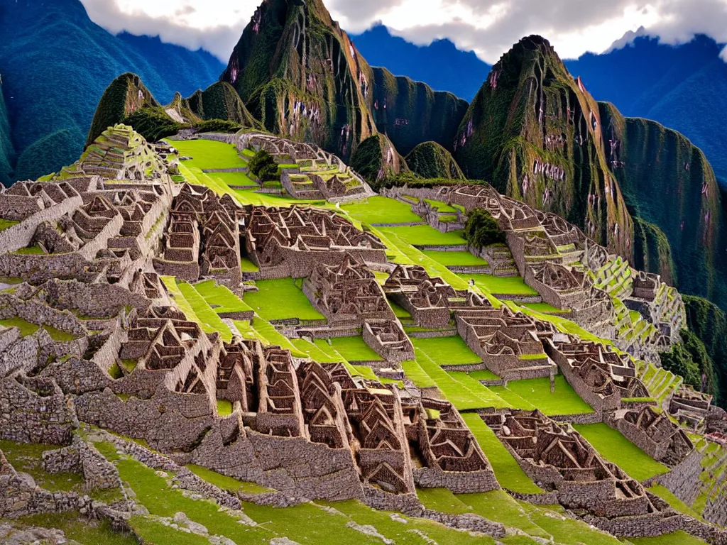 Prompt: a serene landscape of three giant, abstract, brightly - colored metallic pyramids in machu picchu at sunset